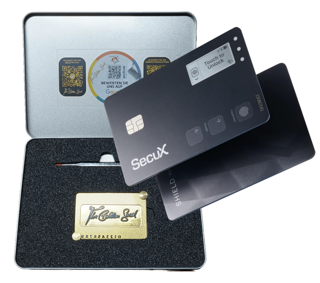 Steelwallet & Hardwarewallet „Biometrisches Sicherheits-Bundle: The Golden Seed & SecuX Shield BIO mit Fingerabdruckschutz“