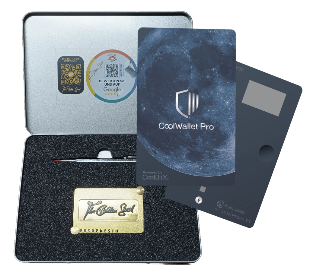 Steelwallet & Hardwarewallet „Mobiles Sicherheits-Bundle: The Golden Seed & CoolWallet Pro – Maximale Sicherheit, überall“