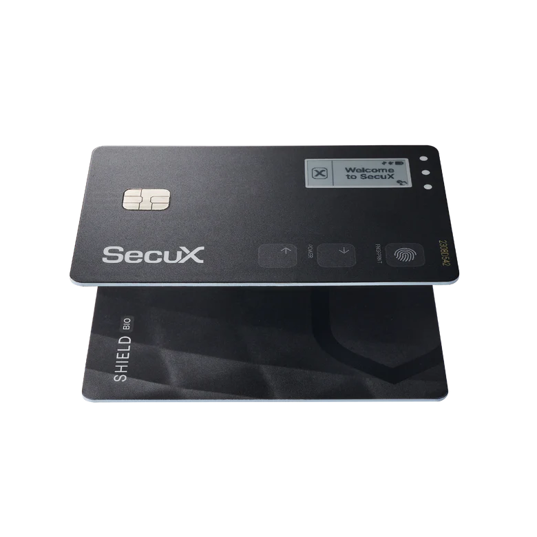Steelwallet & Hardwarewallet „Biometrisches Sicherheits-Bundle: The Golden Seed & SecuX Shield BIO mit Fingerabdruckschutz“