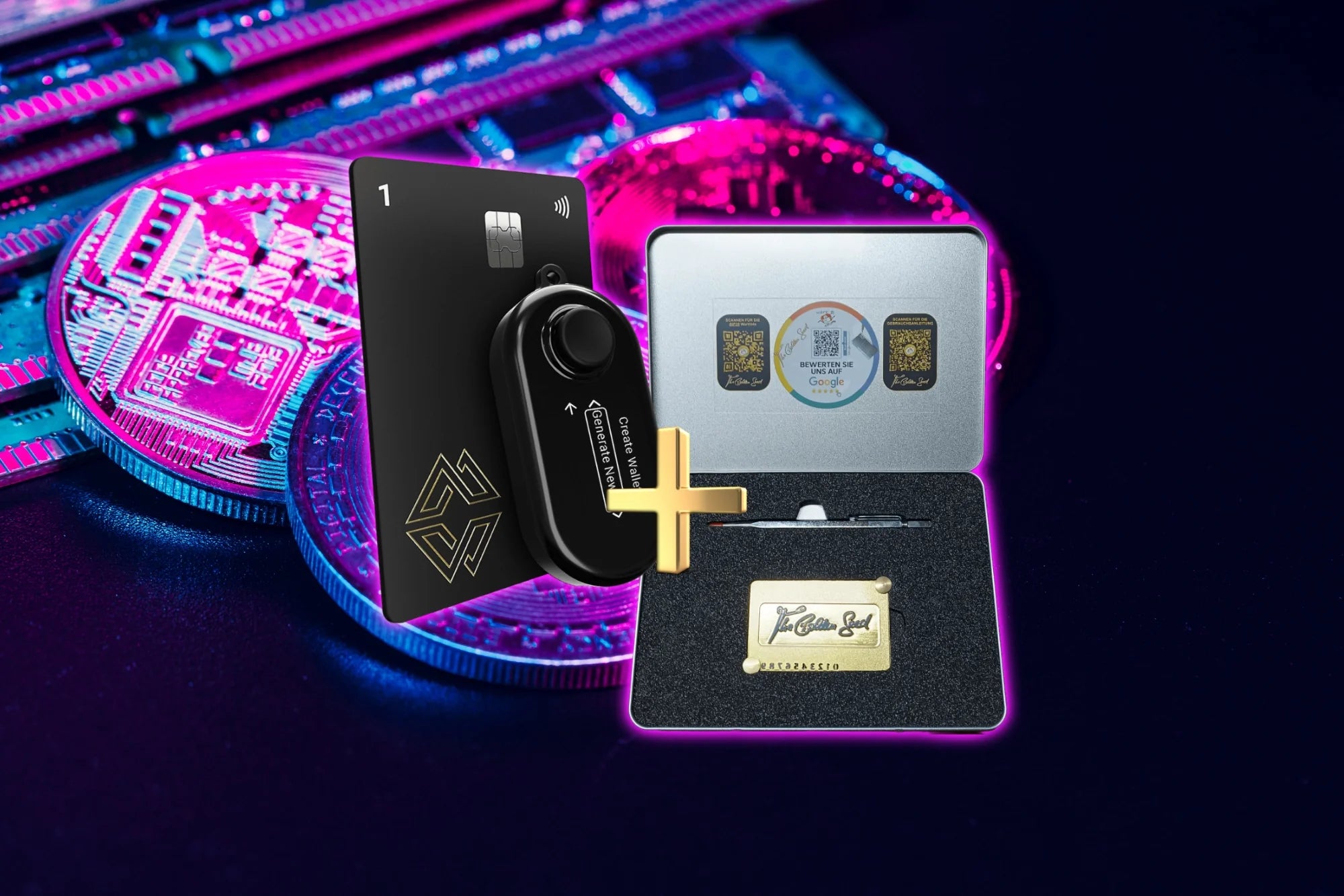 "Bundle-Angebote: Steelwallet 'The Golden Seed' kombiniert mit Hardwarewallets wie Tangem, Cypherock, SecuX und CoolWallet für ultimative Krypto-Sicherheit, erhältlich bei Krypto-Wallet.ch."