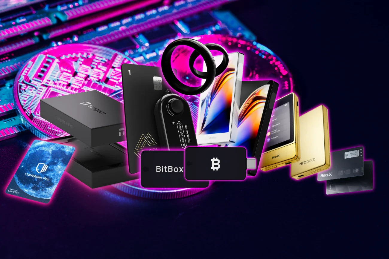 "Verschiedene Hardware Wallets von Tangem, Bitbox, Cypherock, SecuX und CoolWallet für sichere Krypto-Aufbewahrung, erhältlich bei hodl.swiss."