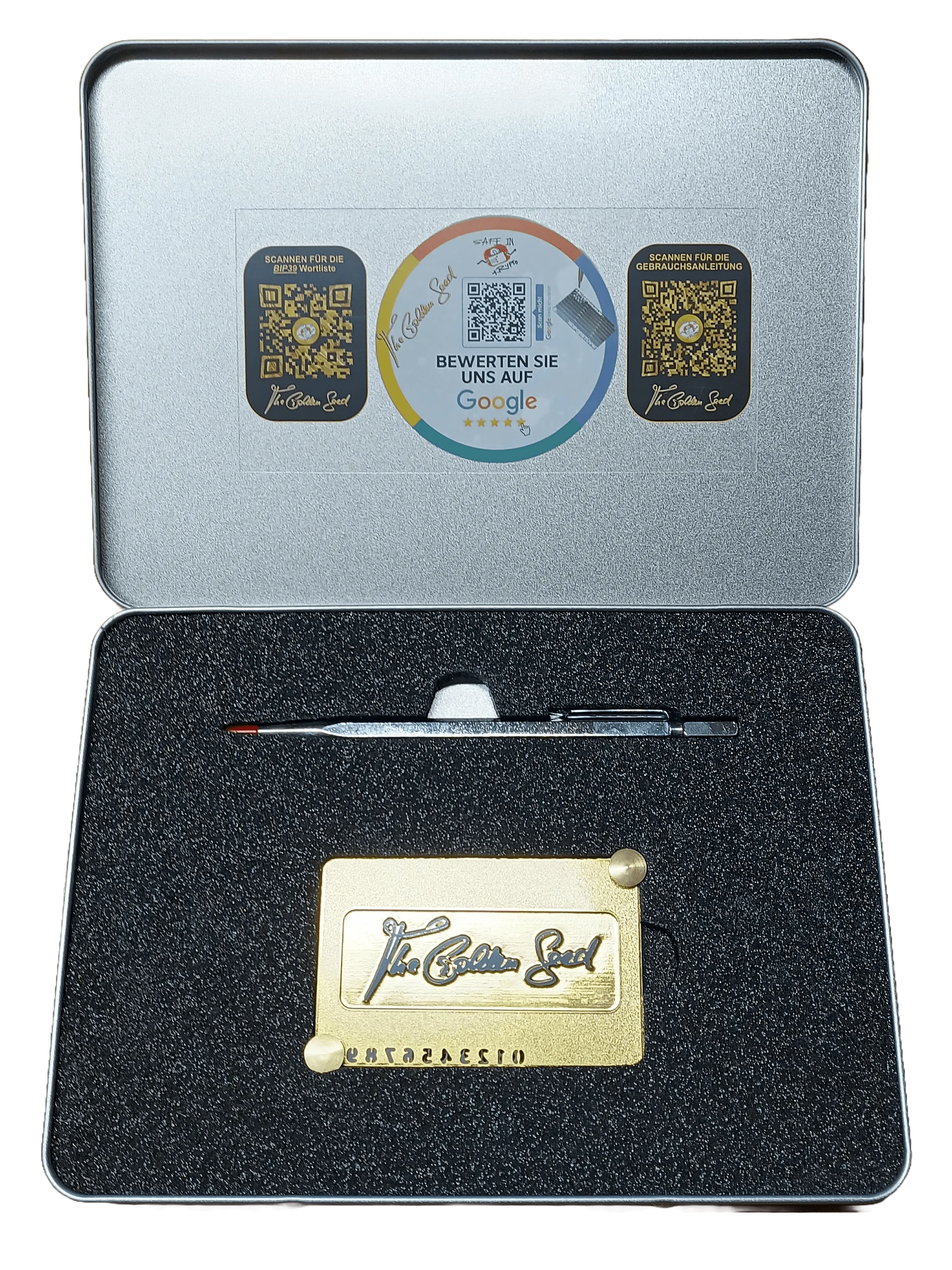 Steelwallet &amp; Hardwarewallet „Biometrisches Sicherheits-Bundle: The Golden Seed &amp; SecuX Shield BIO mit Fingerabdruckschutz“