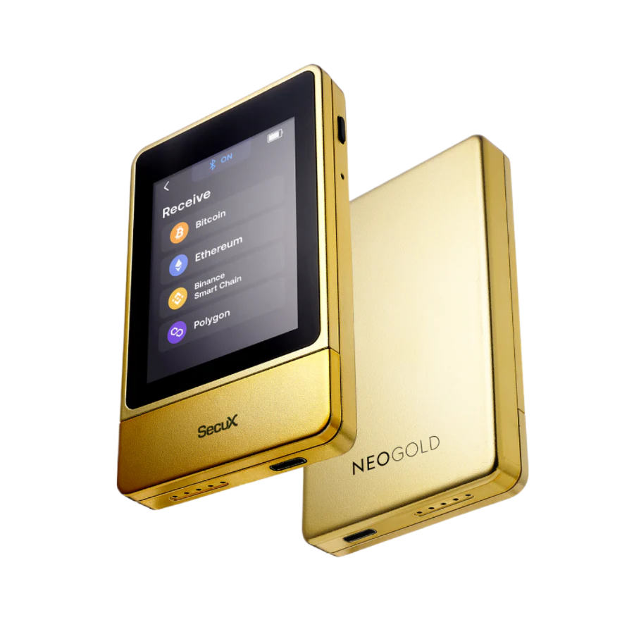 „SecuX Neo Gold Hardware Wallet – Hochsicheres Krypto-Wallet in elegantem goldenen Design, ideal für die sichere Aufbewahrung von Kryptowährungen.“