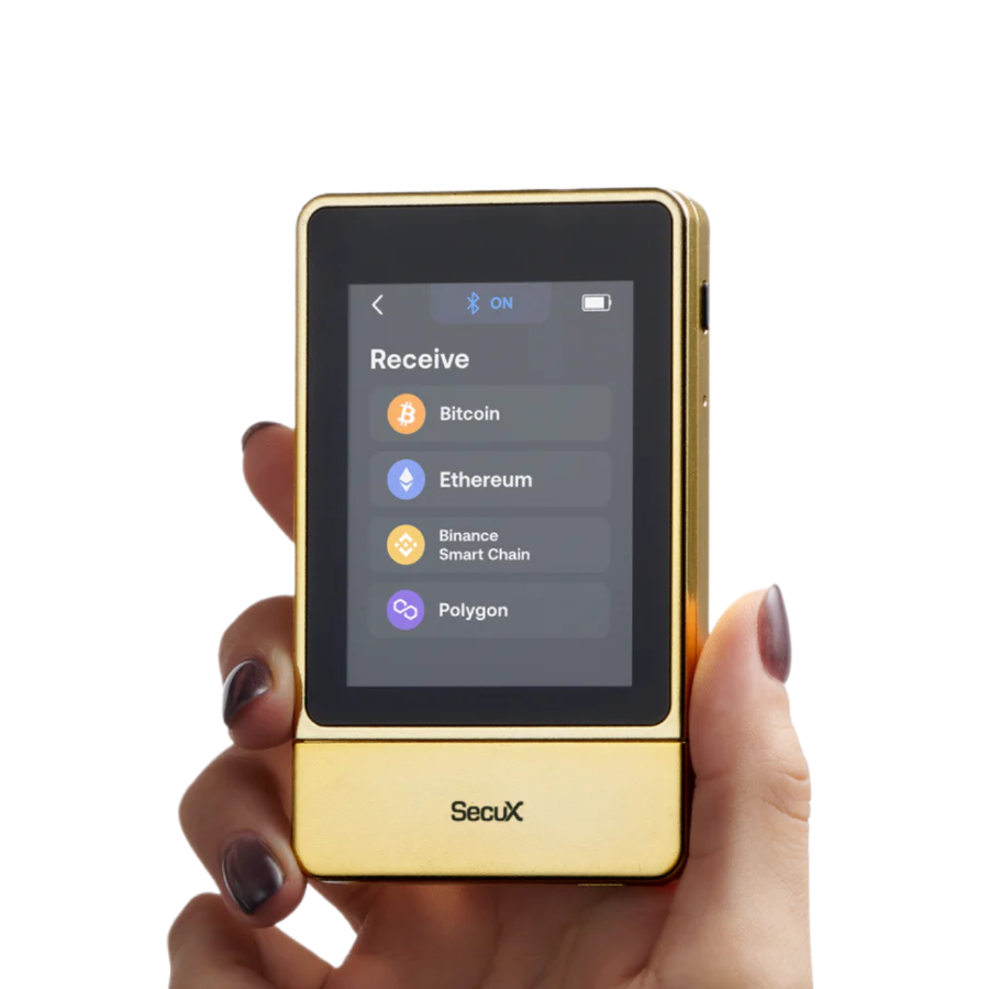 „SecuX Neo Gold Wallet – Luxuriöses, goldfarbenes Hardware-Wallet mit militärischer Sicherheitstechnologie für den Schutz digitaler Vermögenswerte.“