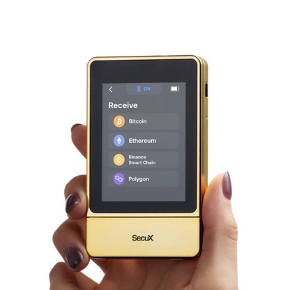 „SecuX Neo Gold Wallet – Luxuriöses, goldfarbenes Hardware-Wallet mit militärischer Sicherheitstechnologie für den Schutz digitaler Vermögenswerte.“