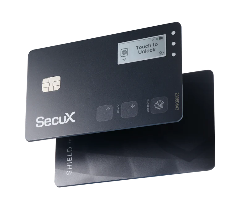 Steelwallet &amp; Hardwarewallet „Biometrisches Sicherheits-Bundle: The Golden Seed &amp; SecuX Shield BIO mit Fingerabdruckschutz“