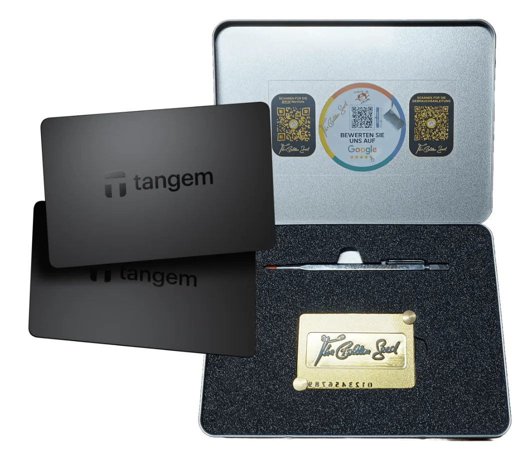 Steelwallet &amp; Hardwarewallet „Krypto Einsteiger-Bundle: The Golden Seed &amp; Tangem Wallet 2er Pack im Set“