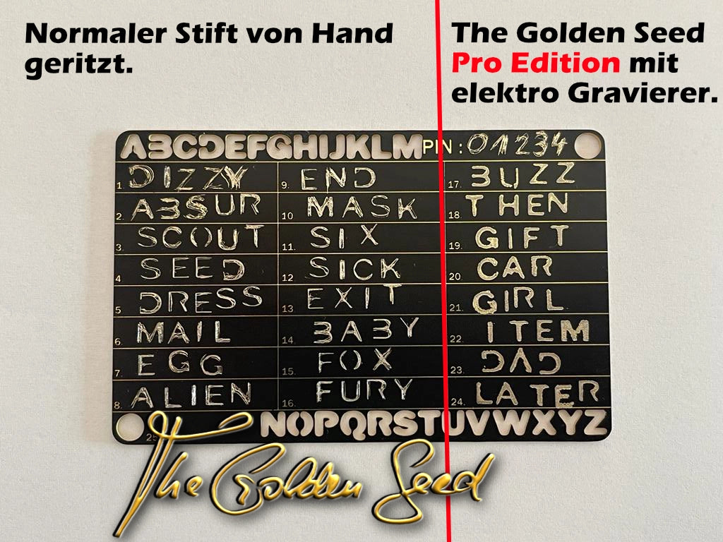 „The Golden Seed Pro Steelwallet – Feuerfest bis 1450 Grad, wasserfest und ausgestattet mit präziser Pro-Gravur durch einen Elektrogravierer. Einfache Schablonentechnik für bis zu 50 Seed-Phrase-Wörter, in einzigartiger Gold-Optik.“