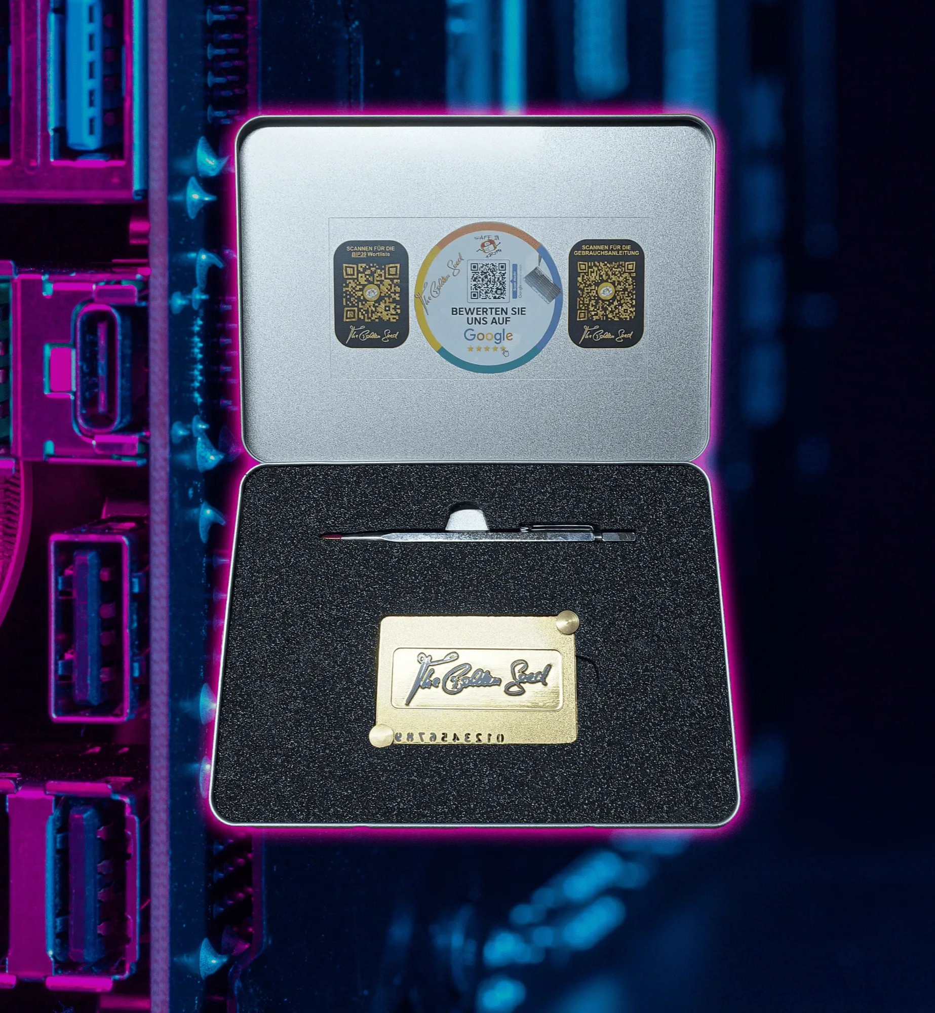 „The Golden Seed Steelwallet – Robuste und feuerfeste Seed-Phrase-Speicherung aus Edelstahl, entwickelt von Safe In Krypto GmbH für maximalen Schutz deiner Kryptowährungen.“