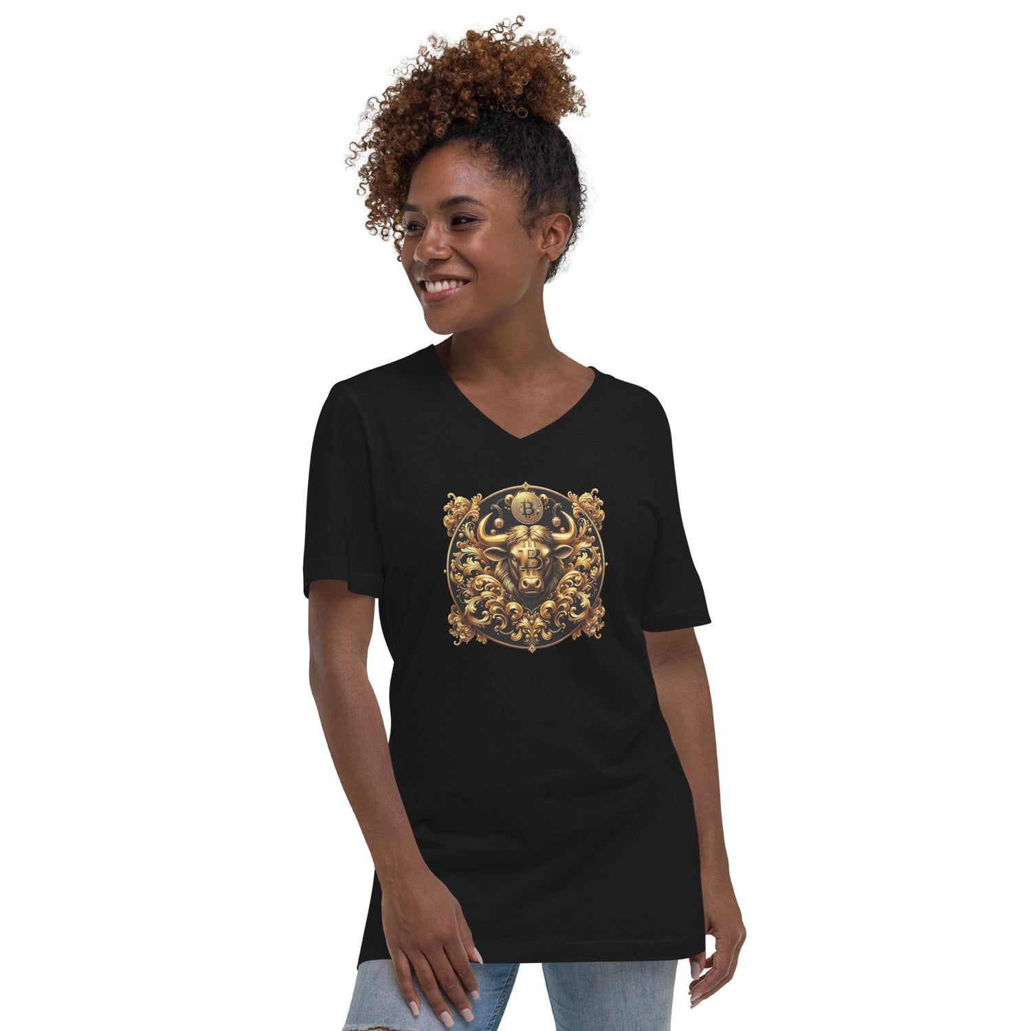 Golden Bitcoin Bull Kurzärmeliges Unisex-T-Shirt mit V-Ausschnitt