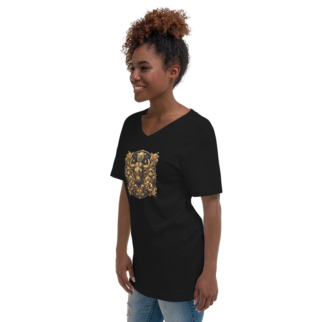 Golden Bitcoin Bull Kurzärmeliges Unisex-T-Shirt mit V-Ausschnitt