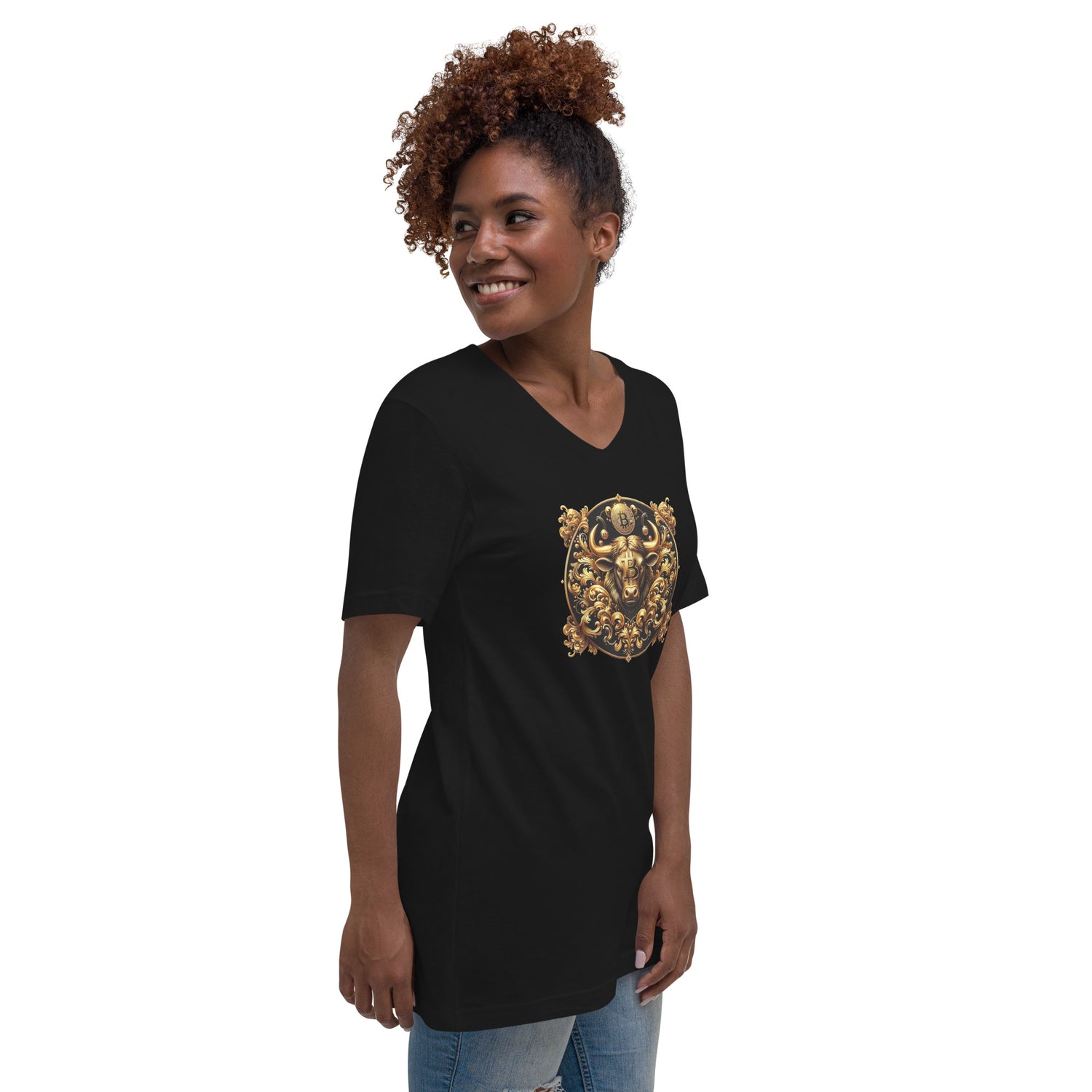 Golden Bitcoin Bull Kurzärmeliges Unisex-T-Shirt mit V-Ausschnitt