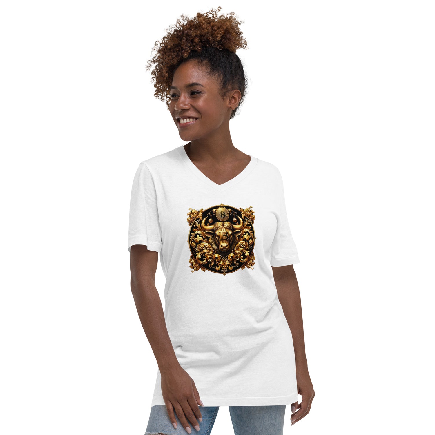 Golden Bitcoin Bull Kurzärmeliges Unisex-T-Shirt mit V-Ausschnitt