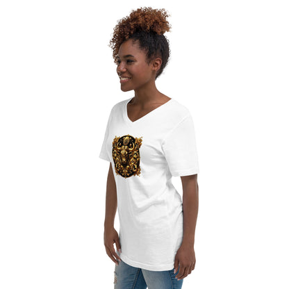 Golden Bitcoin Bull Kurzärmeliges Unisex-T-Shirt mit V-Ausschnitt