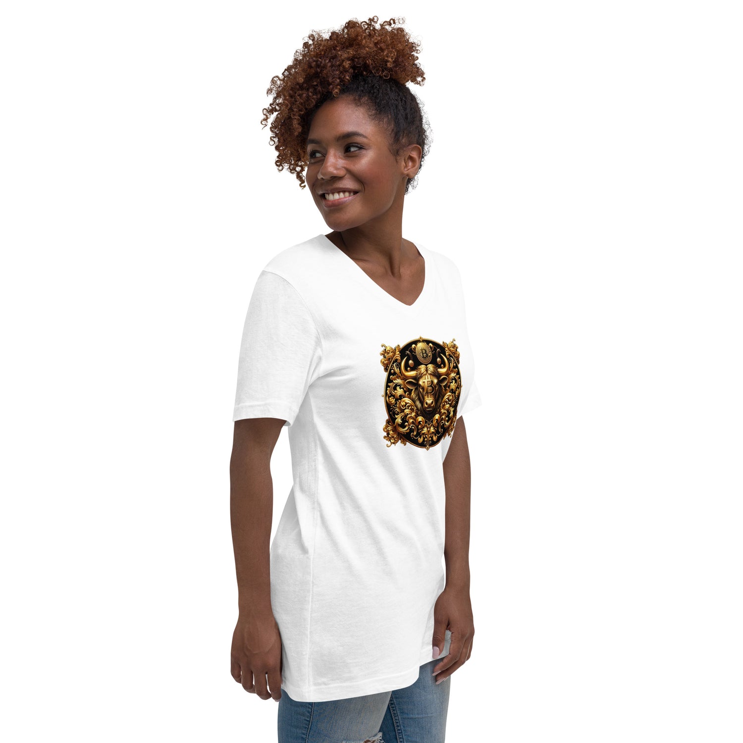 Golden Bitcoin Bull Kurzärmeliges Unisex-T-Shirt mit V-Ausschnitt